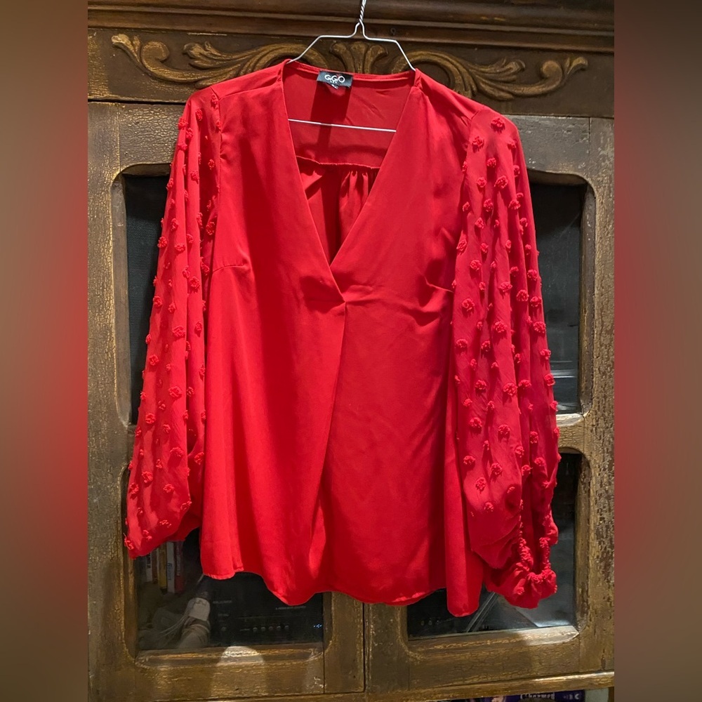 Elegant Red Blouse with Textured balloon Sleeves